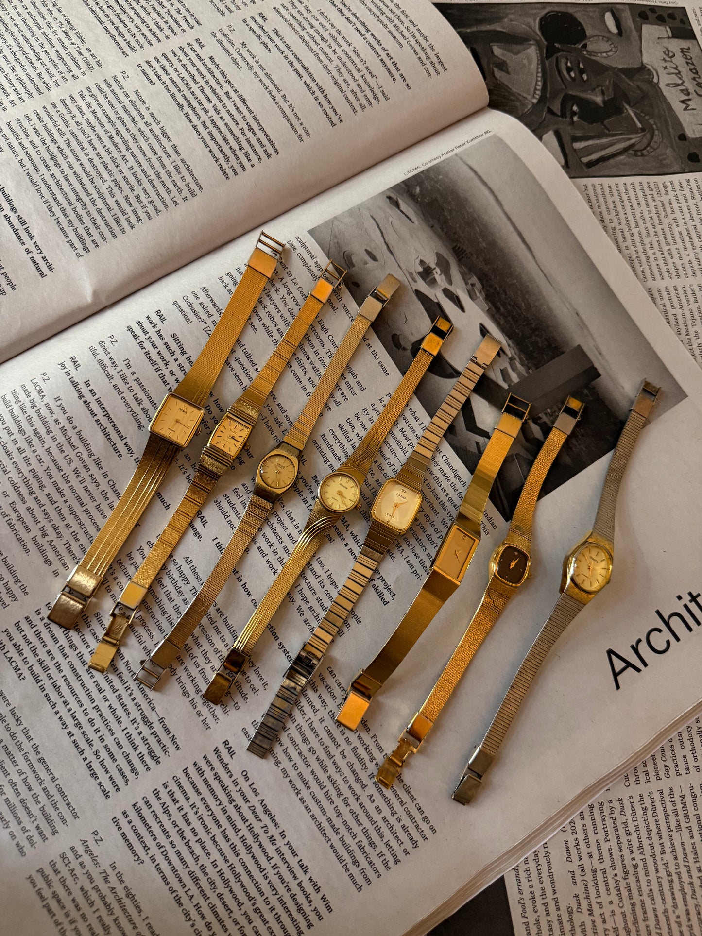 Gold square face ribbed minimal watch