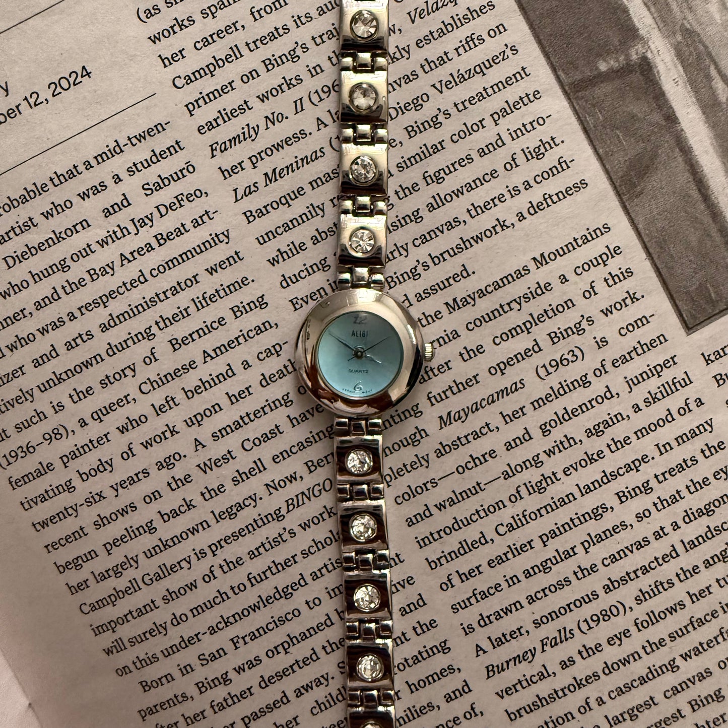 Silver blue face embellished band watch