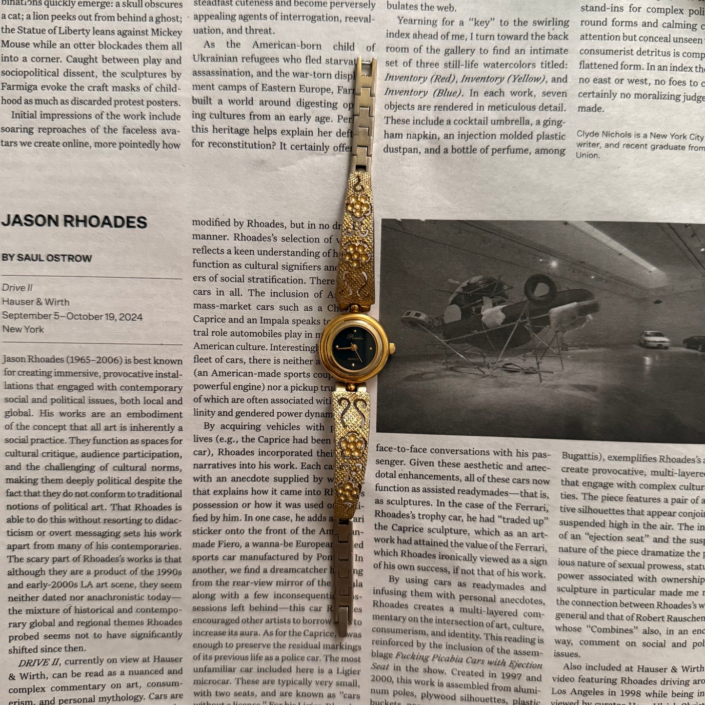 Gold antique floral mesh cuff watch