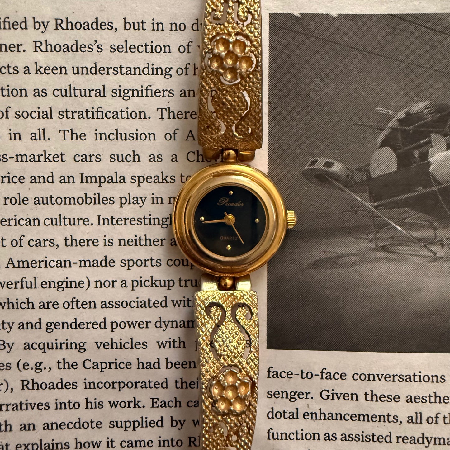 Gold antique floral mesh cuff watch