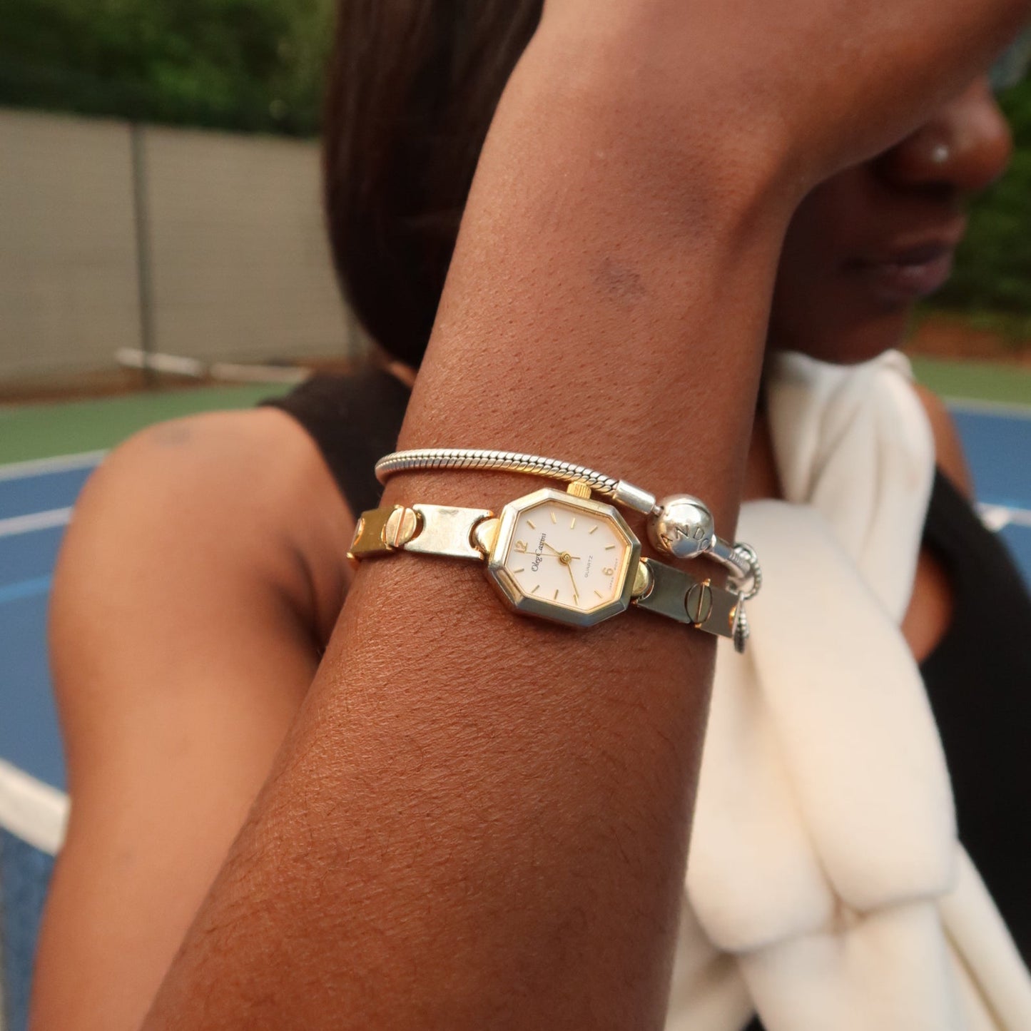 Two tone flip octagon face watch