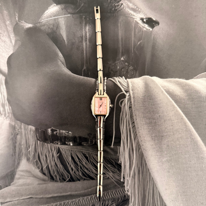 Silver pink face segment band watch