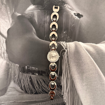 Silver circle face gemmed link band watch