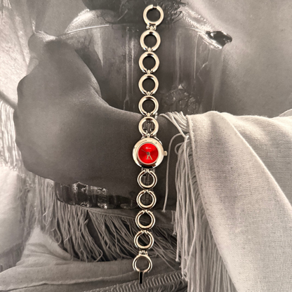 Silver circle red face o-ring band watch