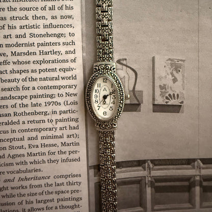 Silver oval antique full detail watch