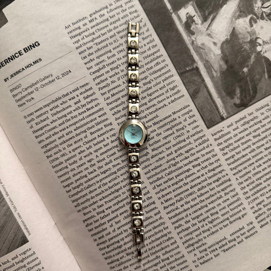 Silver blue face embellished band watch
