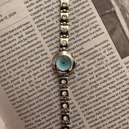 Silver blue face embellished band watch