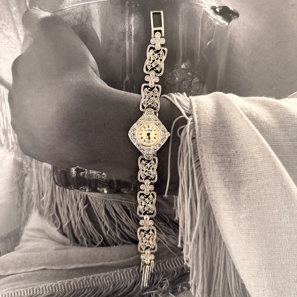 Silver ivory face floral band watch